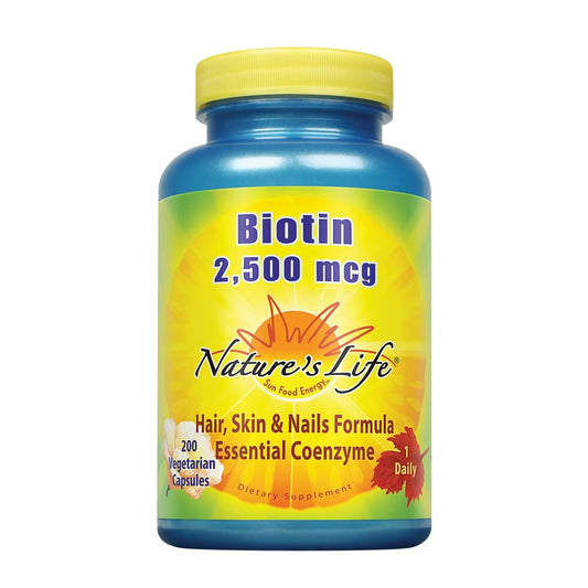 Nature's Life Biotin 2500mcg bottle supports healthy hair and nails.