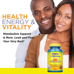 Nature's Life Biotin 2500mcg emphasizes potential thicker-looking hair.