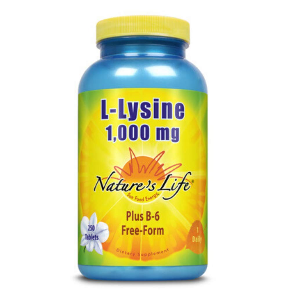 Nature's Life L-Lysine bottle providing nutritive support for immune function maintenance.