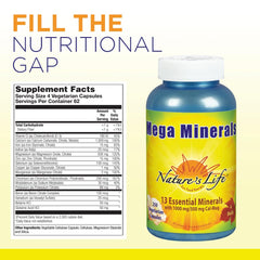 Nature's Life Mega Minerals capsules close-up highlighting vegetarian formula.