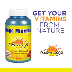 Nature's Life Mega Minerals capsules inside bottle for easy supplementation.