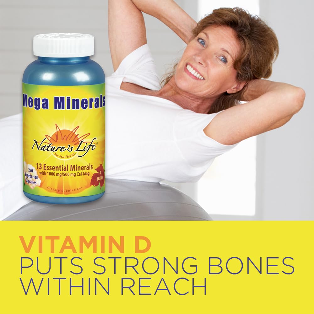 Nature's Life Mega Minerals label shows calcium and vitamin D details.