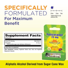 Nature's Life Policosanol 23mg bottle side view shows capsule count