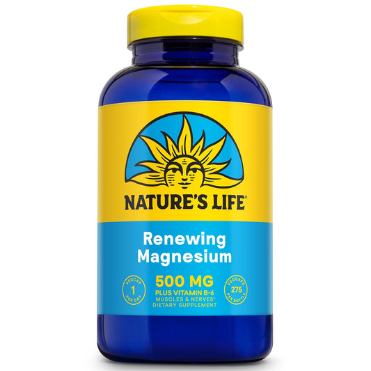 Nature's Life Renewing Magnesium 500mg capsule close-up showing daily muscle and nerve support