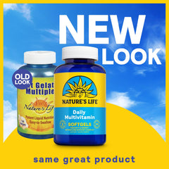 Nature's Life softgel multivitamin bottle back label highlights iron and key vitamins.
