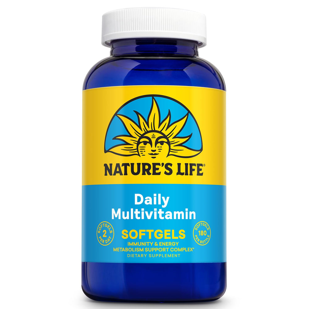 Nature's Life softgel multivitamin bottle on a clean surface supports daily wellness.