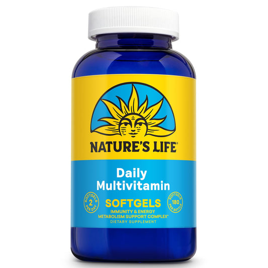 Nature's Life softgel multivitamin bottle on a clean surface supports daily wellness.