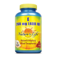 Nature's Life Vitamin E 400 IU bottle with 250 capsules, supporting daily antioxidant health.