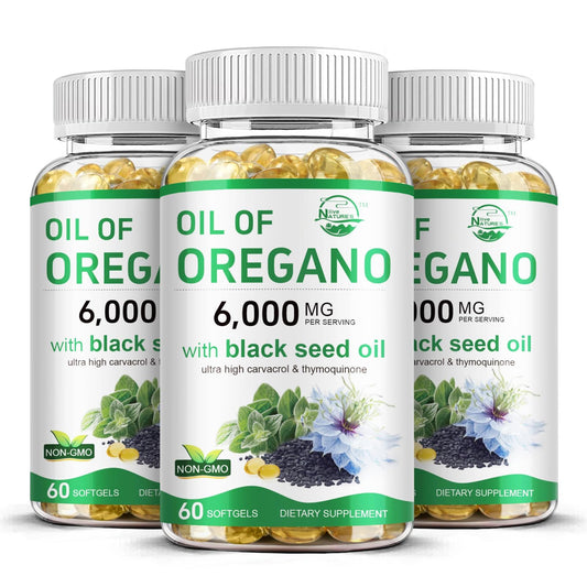 Nature's live Oil of Oregano with Black Seed Softgel bottle showcases immune-support packaging.