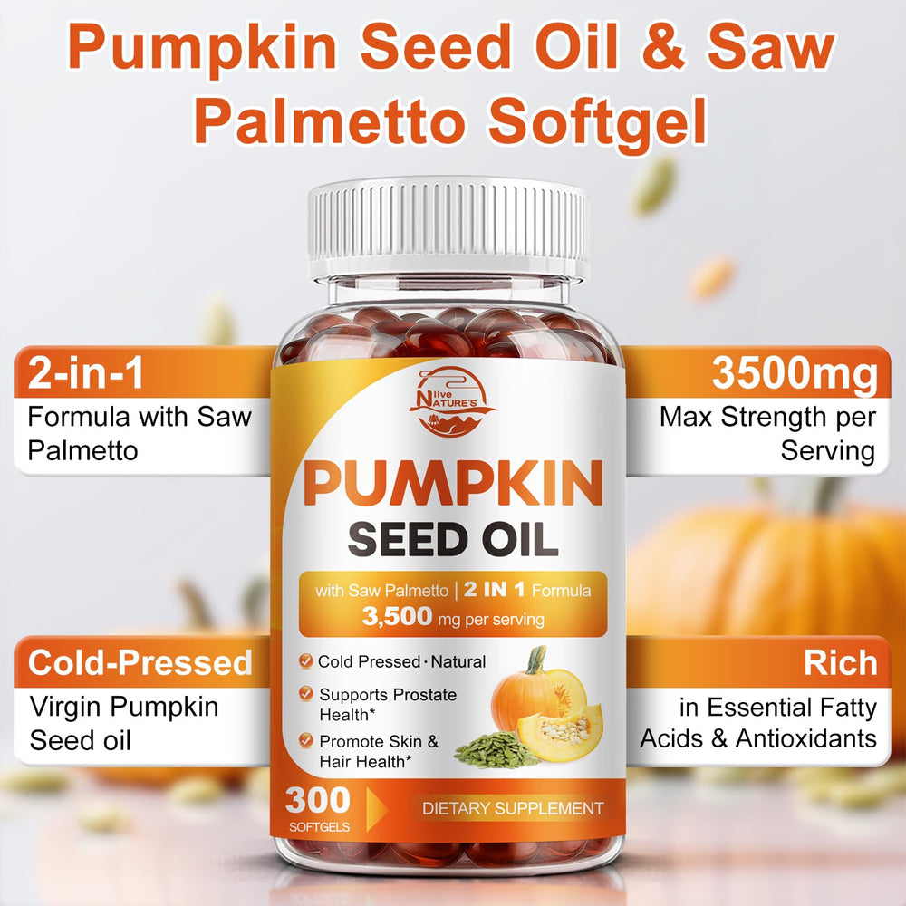 Nature's Live pumpkin seed oil softgels being held—easy-to-swallow daily supplement.
