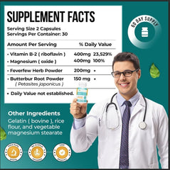 Nature's Nectar Migraine Prevention capsules close-up highlighting high-potency riboflavin
