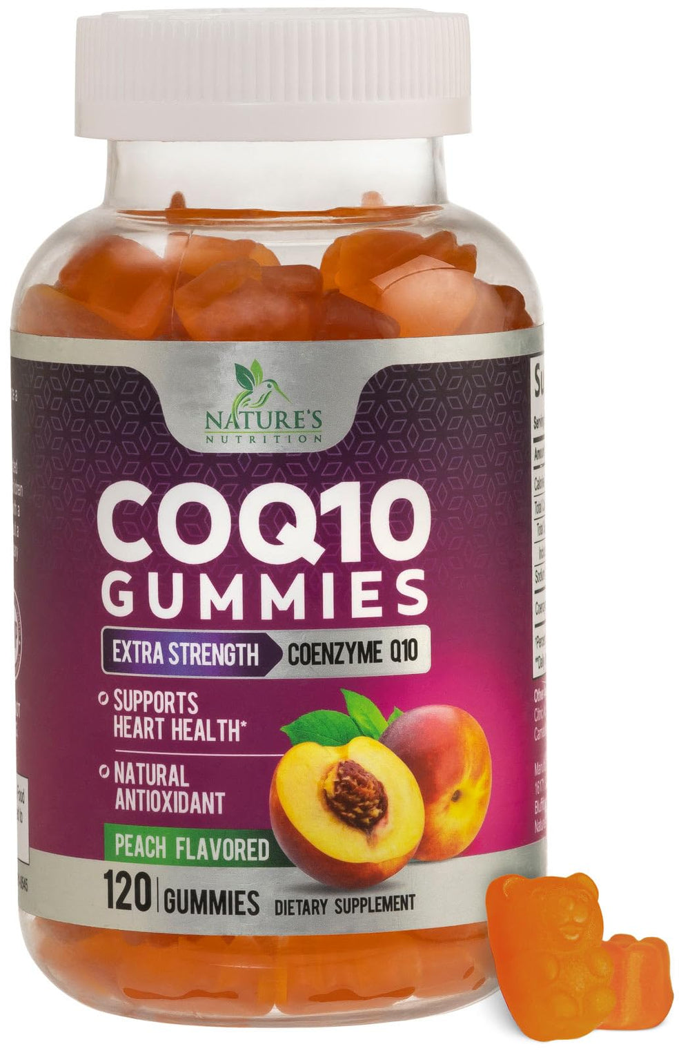 Nature's Nutrition CoQ10 Gummies jar showing 100 mg per serving for energy support
