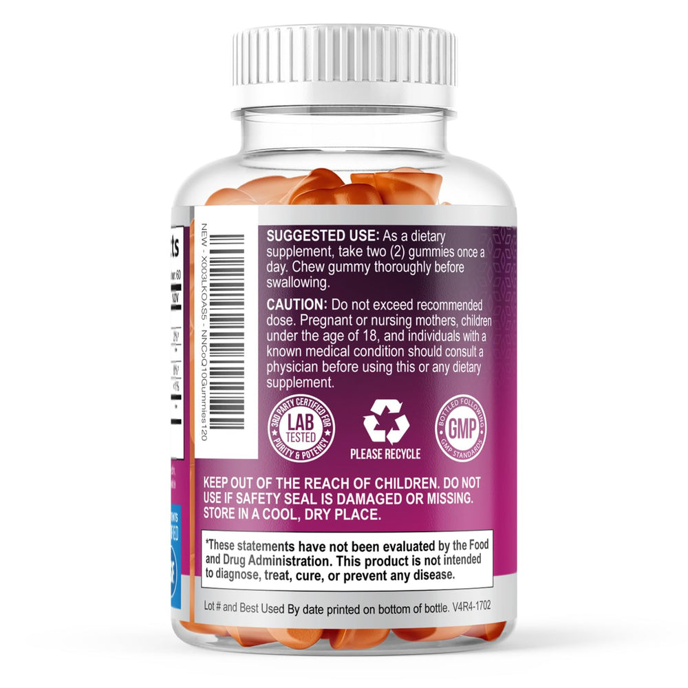 Nature's Nutrition CoQ10 Gummies serving on spoon showing peach flavor