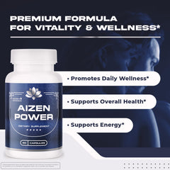 Close-up of Nature’s NutriWave AizenPower capsules highlighting stimulant-free formula.