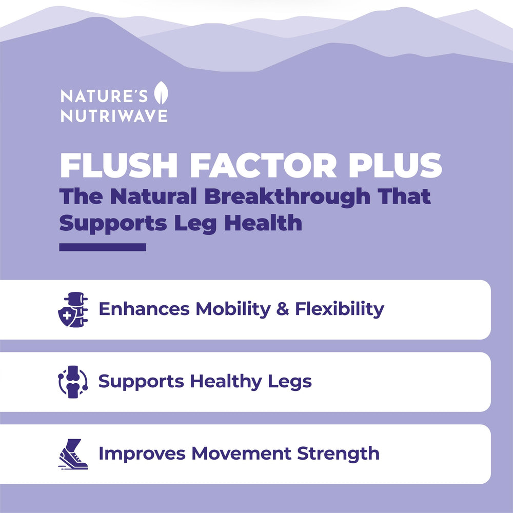Close-up of ingredients like pineapple powder and hibiscus in Flush Factor Plus packaging
