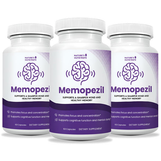 Nature’s NutriWave Memopezil bottle front highlights a stimulant-free daily routine.