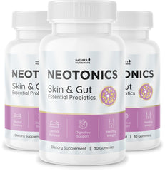 Nature’s NutriWave Neotonics apple gummies bottle showing daily probiotic support and skin wellness