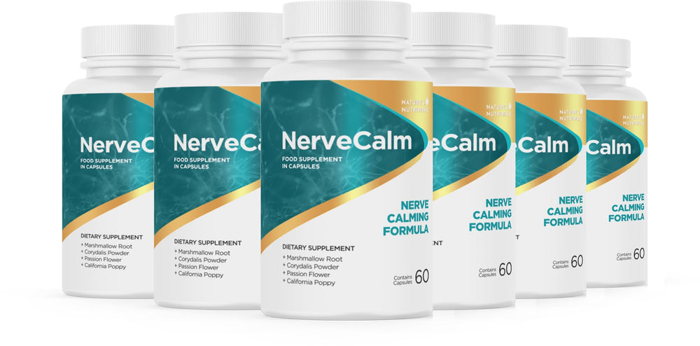 Nature’s NutriWave NerveCalm capsules close-up, showcasing a vegan formula for daily calm.