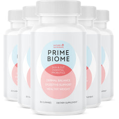 Nature's NutriWave PrimeBiome gummies bottle close-up for daily wellness.