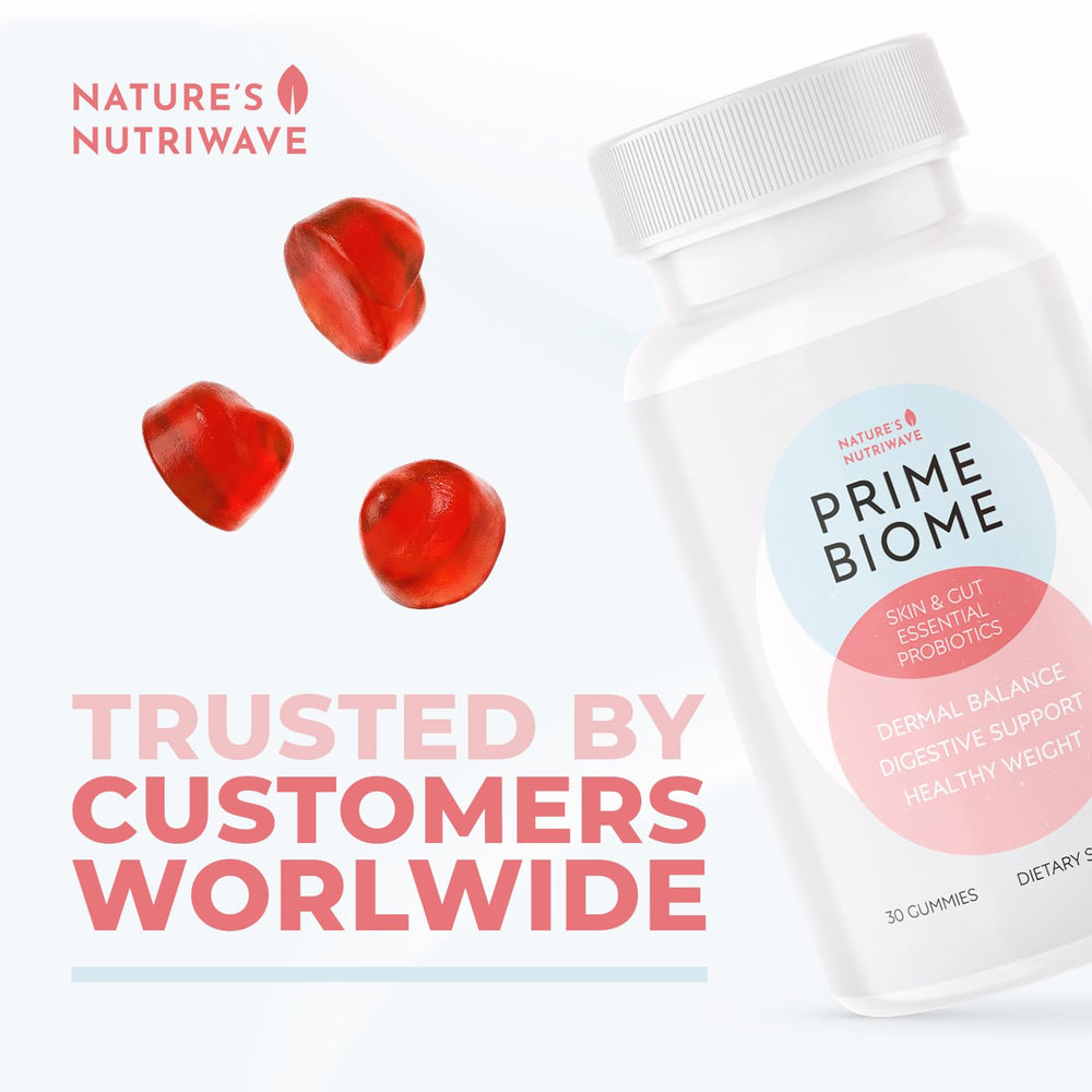 Nature's NutriWave PrimeBiome gummies with Lions Mane highlighted for focus.