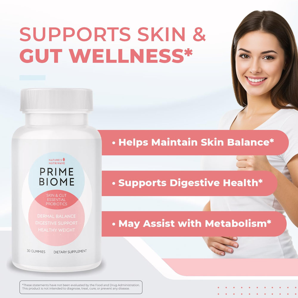 Nature's NutriWave PrimeBiome packaging front showing plant-based probiotic blend.