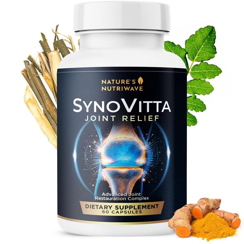 Nature’s NutriWave SynoVitta bottle side view shows easy daily capsules for joint support