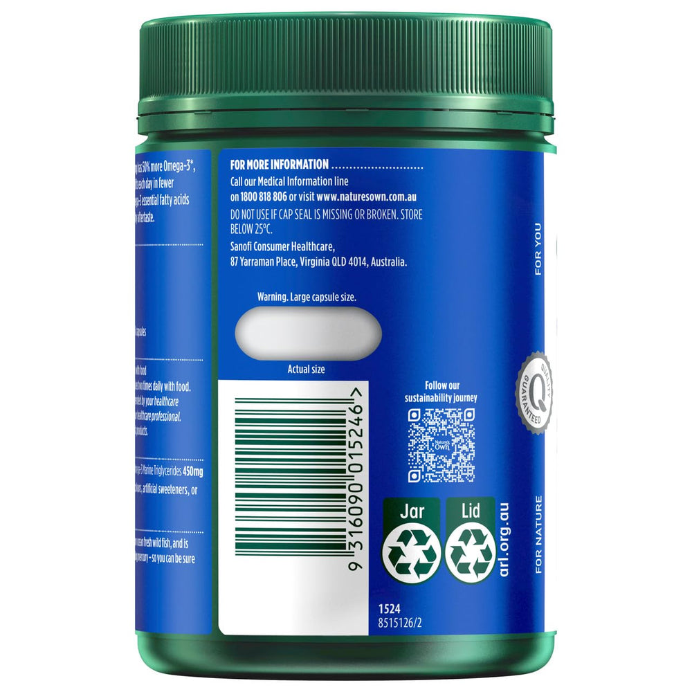 Bottle opened pouring capsules, Nature's Own Omega3 supports general wellbeing during busy mornings.