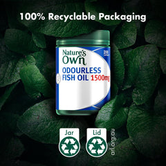 Close-up on the omega-3 label with 1500mg strength, easy swallowing.