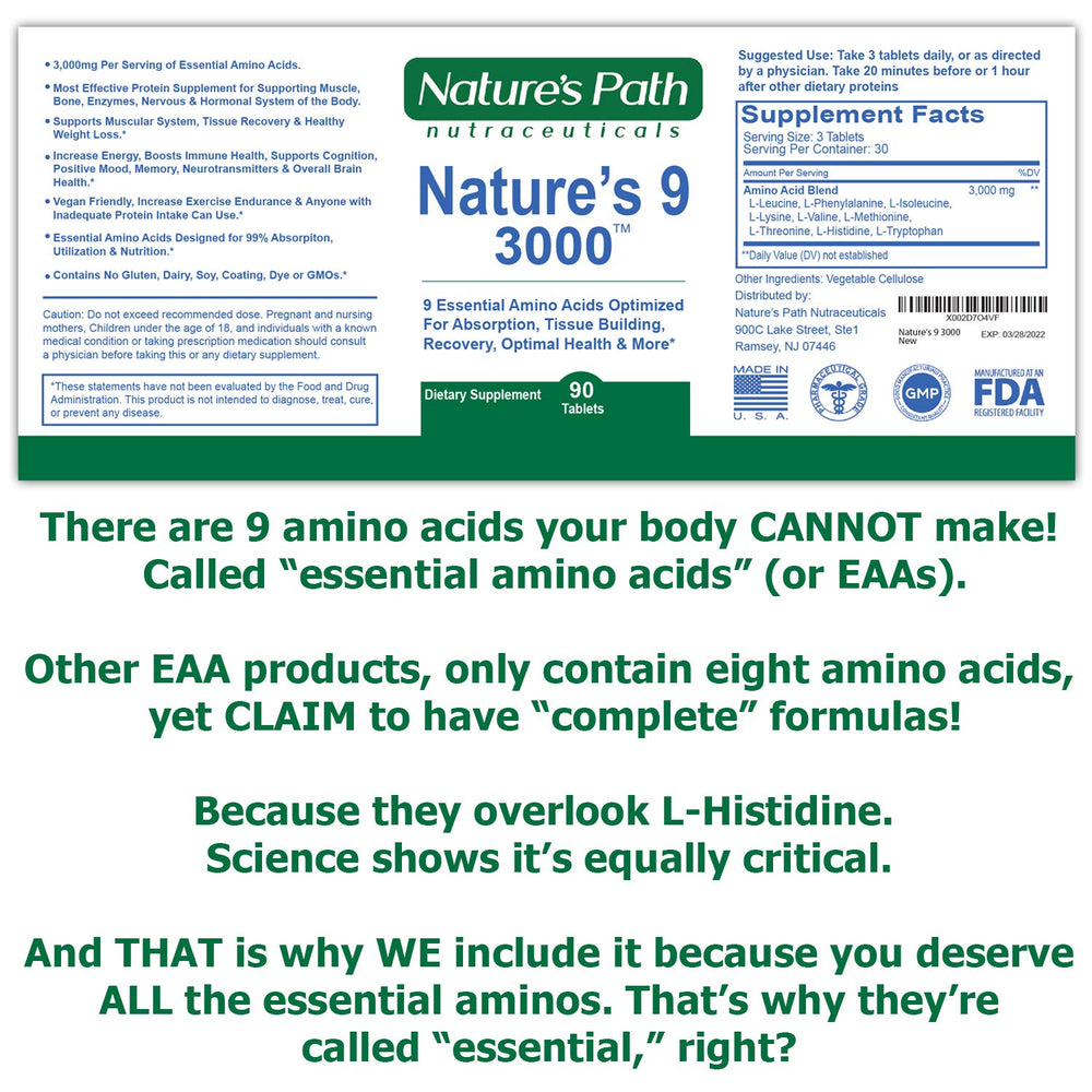 Nature's Path Nutraceuticals Nature's 9 3000 bottle back conveys gluten-free vegan ingredients