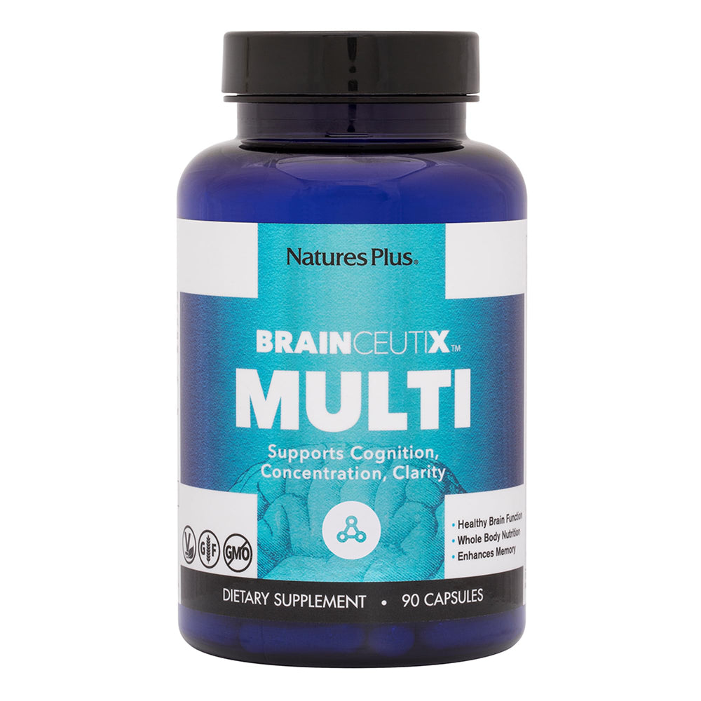 Nature's Plus BrainCeutix bottle closeup showing brain-boosting multivitamin for daily support.