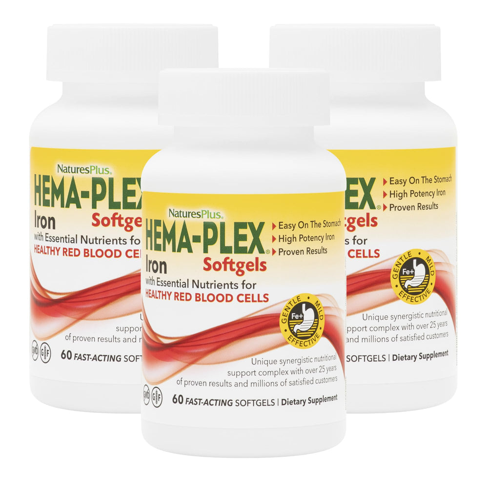 Nature's Plus Hema-Plex Iron softgel bottle supports daily iron intake.