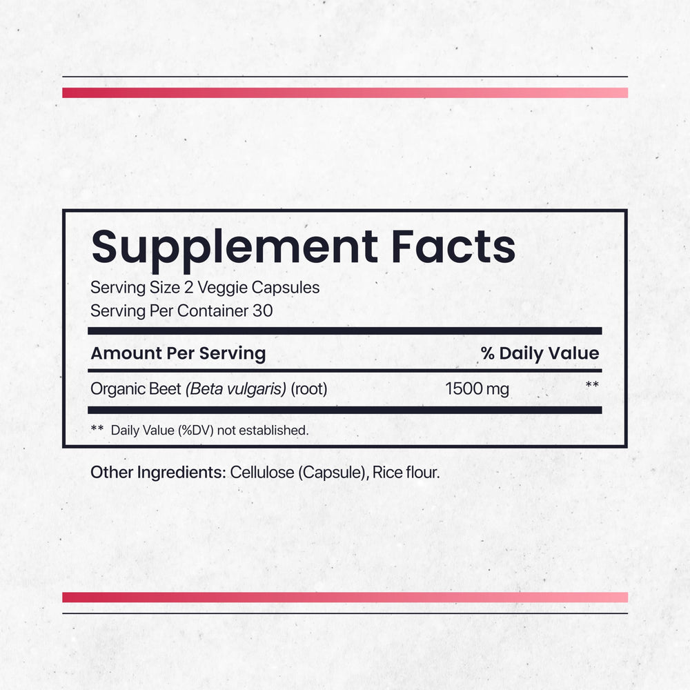 Nature's Pure Blend beet root capsules, nitrate source for nitric oxide support.