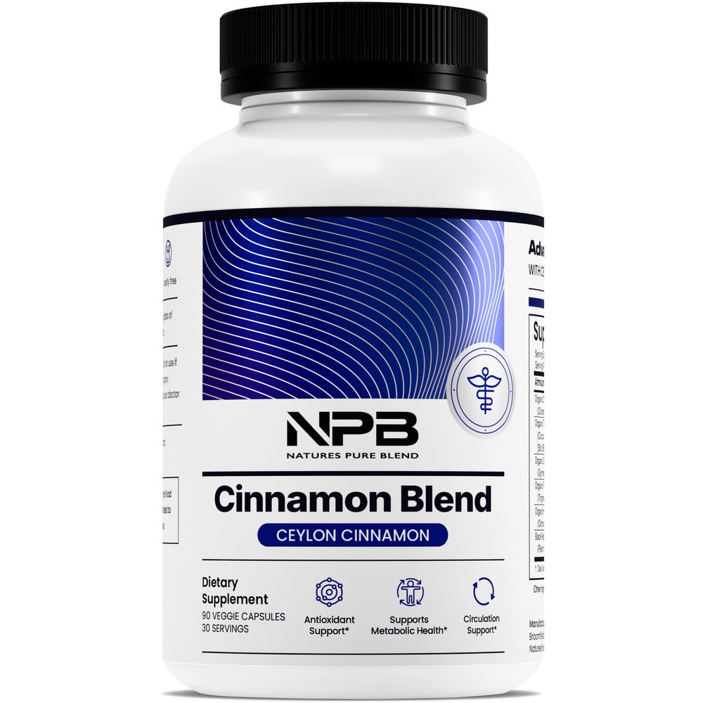 Nature's Pure Blend cinnamon-turmeric bottle close-up for daily wellness support.