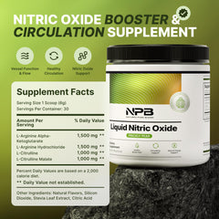 Nature's Pure Blend liquid nitric oxide bottle closeup emphasizes clean ingredients and trust.