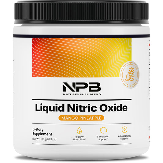 Nature's Pure Blend Liquid Nitric Oxide bottle pouring into a glass for a pre-workout boost