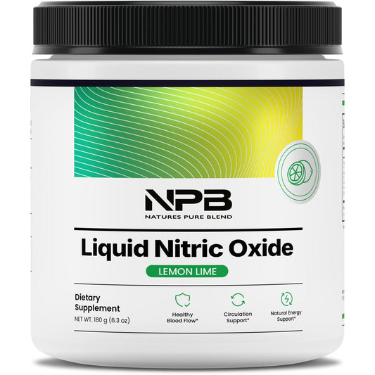 Nature's Pure Blend nitric oxide bottle being poured for a quick pre-workout boost.