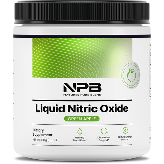 Nature's Pure Blend Nitric Oxide bottle on countertop showing easy daily use