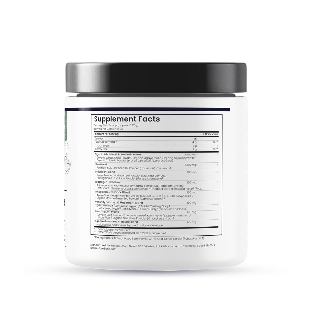 Nature's Pure Blend probiotic greens jar on the counter for daily wellness routines.
