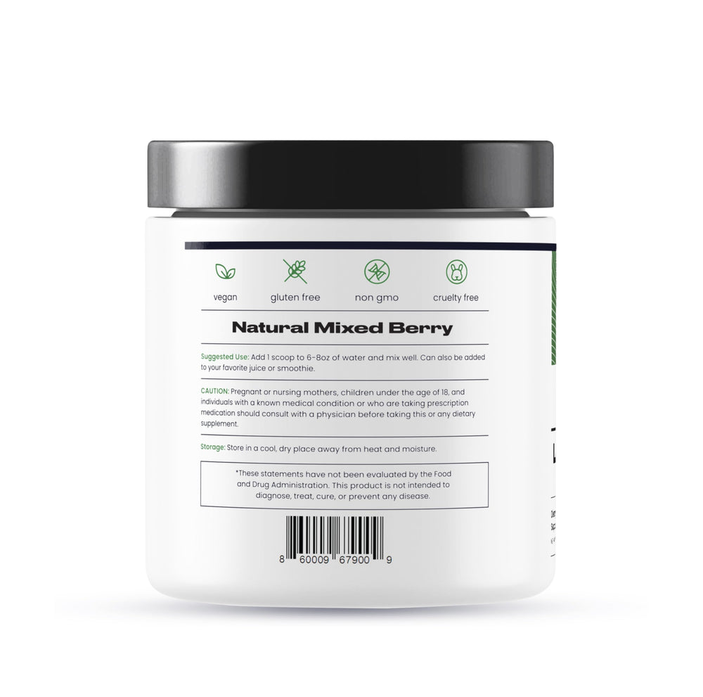 Nature's Pure Blend greens powder in a blender beside a smoothie bowl.