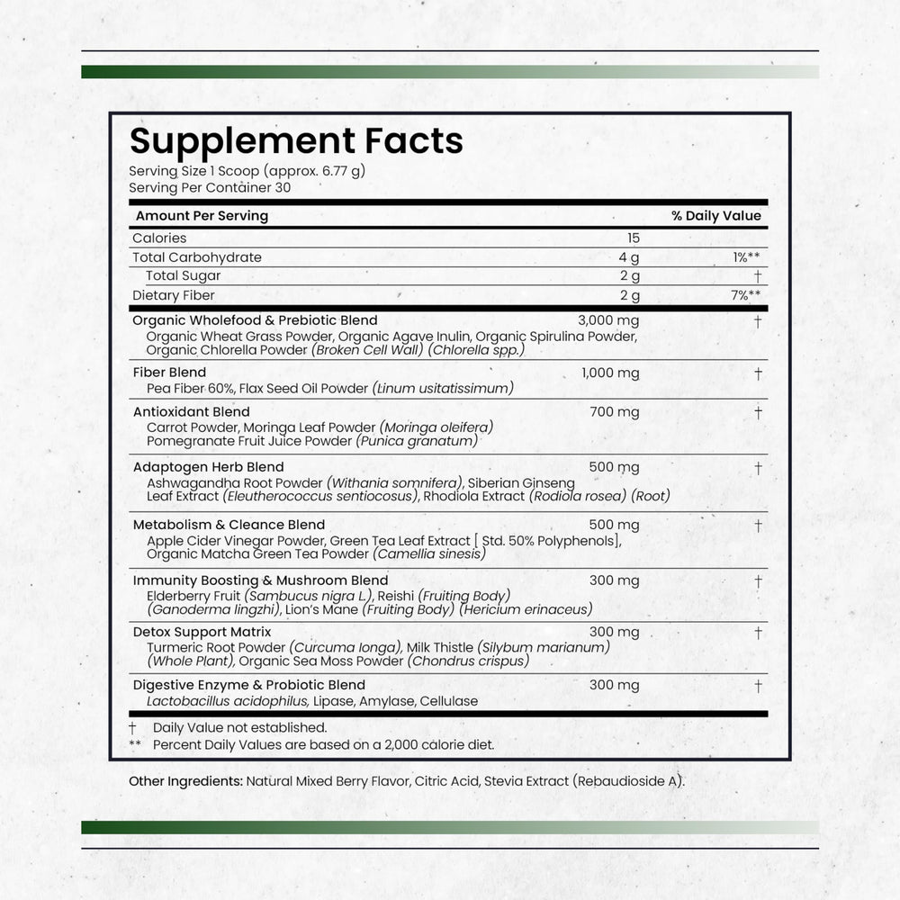 Nature's Pure Blend Super Greens bottle front shows matcha berry flavor and clean ingredients.