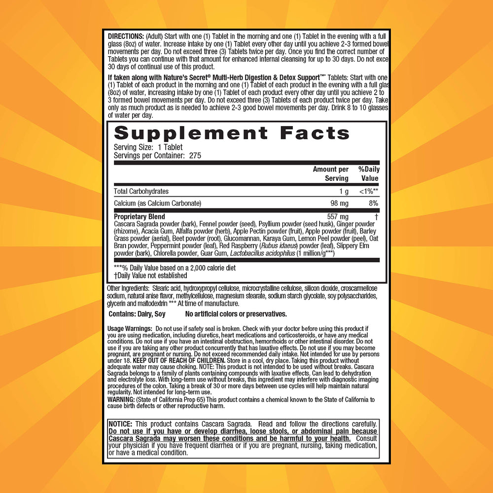 Nature's Secret Multi-Herb Colon Cleanse capsules close-up shows easy-to-take daily dose.