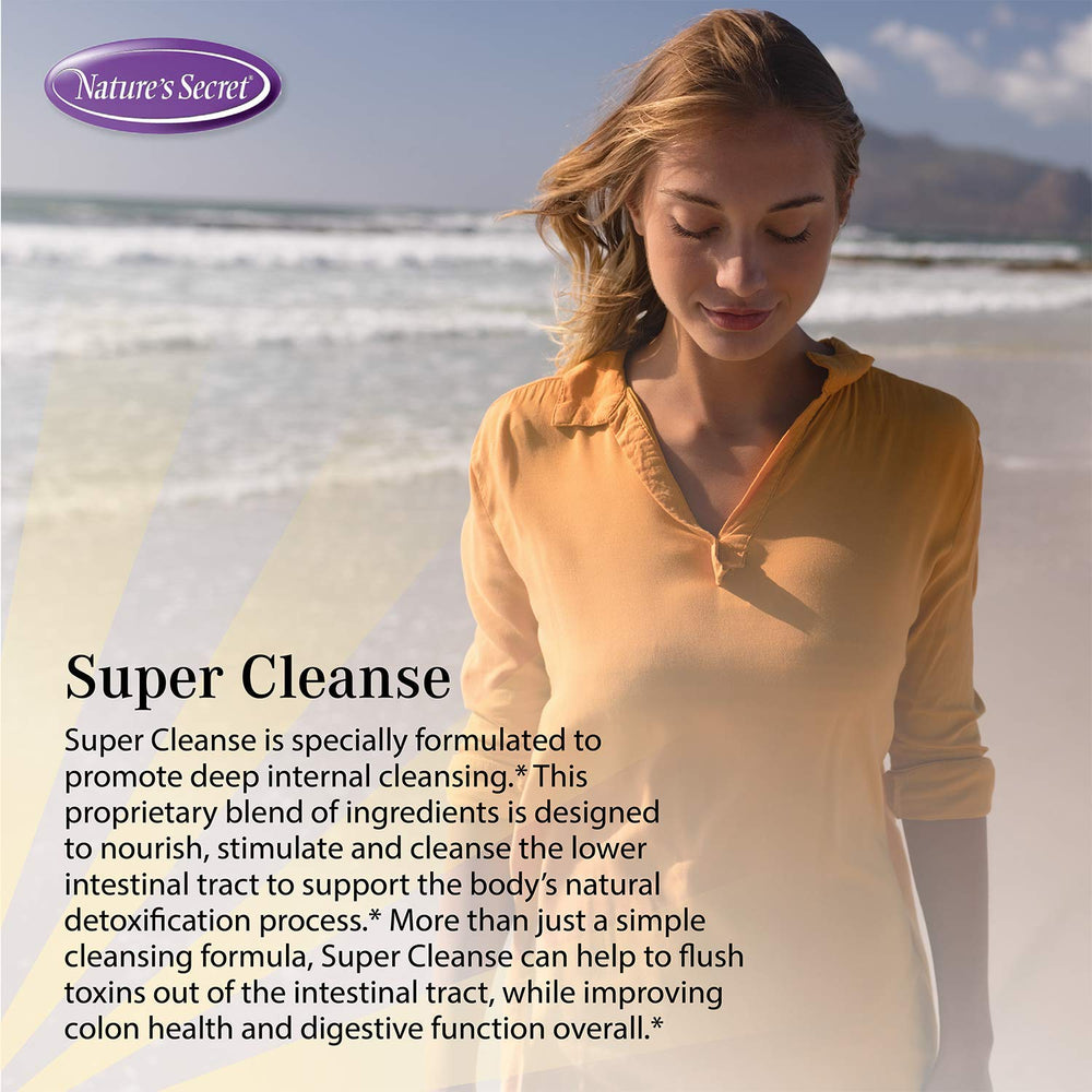 Nature's Secret Super Cleanse capsules close-up for digestive comfort and routine wellness.
