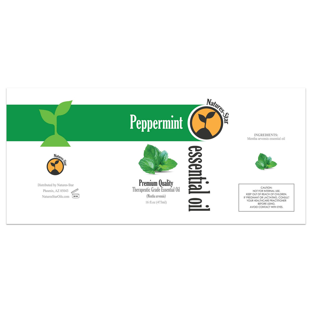 Natures-Star peppermint oil bottle closeup label highlights purity for diffuser use.