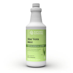 Nature's Sunshine Aloe Vera Juice bottle on display emphasizes premium organic formula.