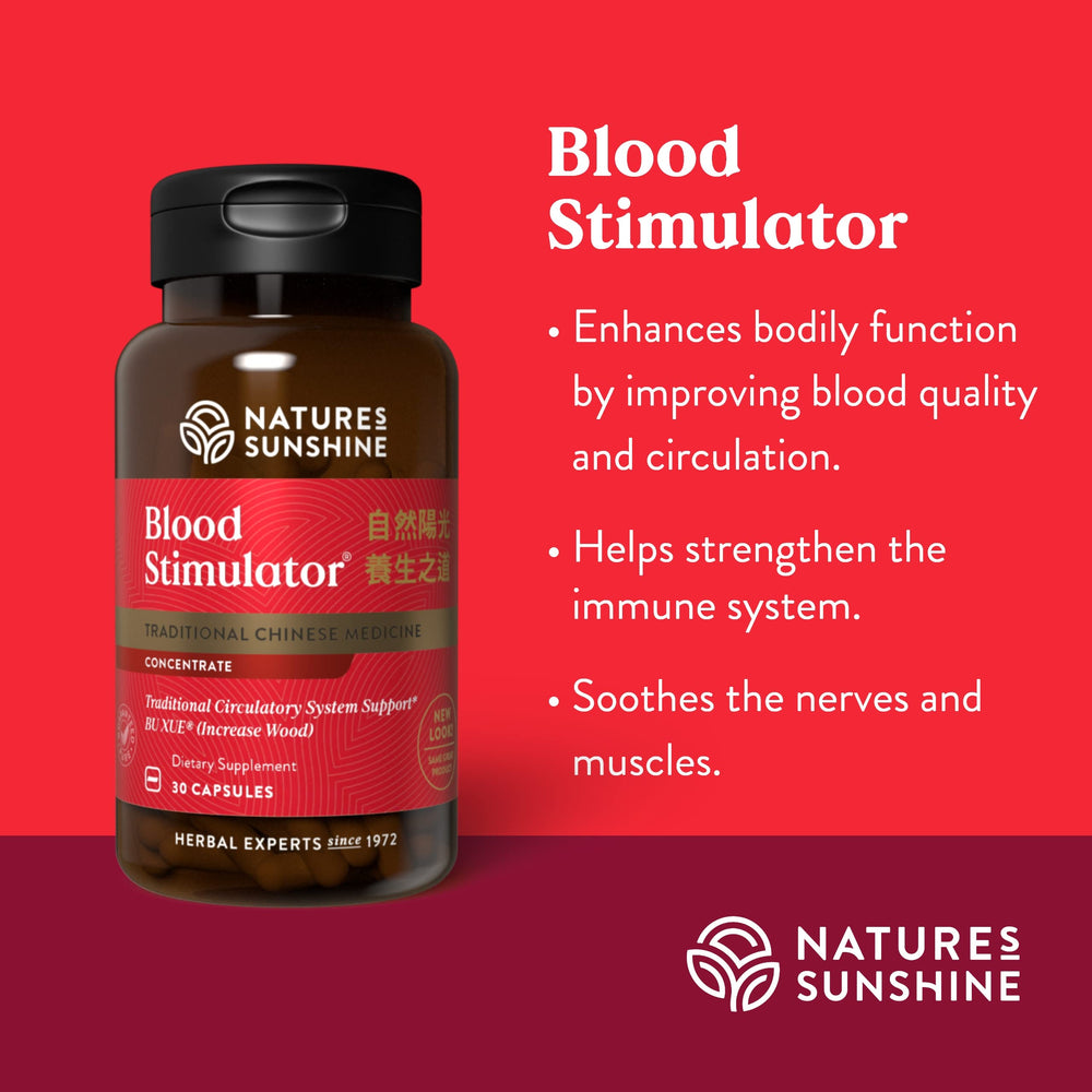 Nature's Sunshine Blood Stimulator herbal blend illustration emphasizes traditional roots.