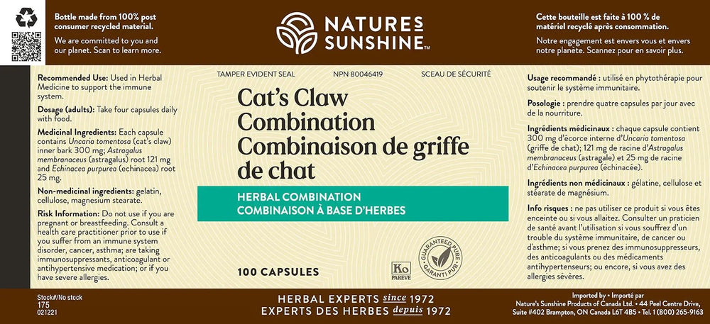 Nature's Sunshine Cat's Claw label highlights natural ingredients for digestive comfort.