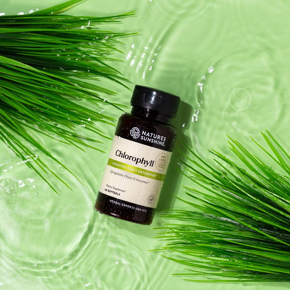Closeup of Nature's Sunshine Chlorophyll capsules designed for easy daily use.