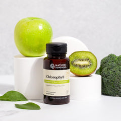 Nature's Sunshine Chlorophyll visual focusing on digestive support and detox potential.