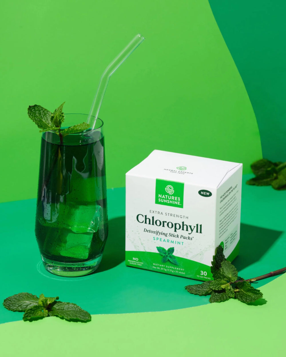 On the go Nature's Sunshine Chlorophyll Stick Packs for convenient routines