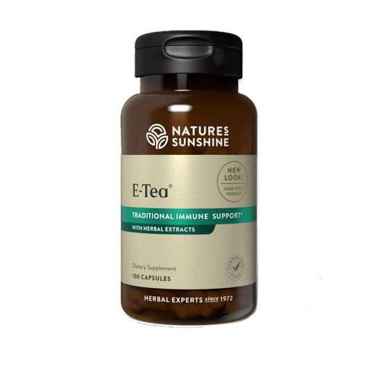 Nature's Sunshine E-Tea Capsules bottle front showcases immune-support branding